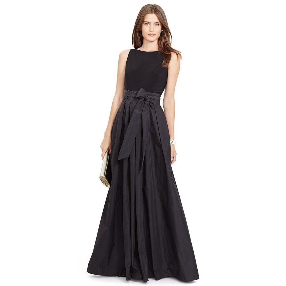Ralph Lauren Black Sleeveless Taffeta Skirt Evening Gown Maxi Dress Sz 6 Pockets